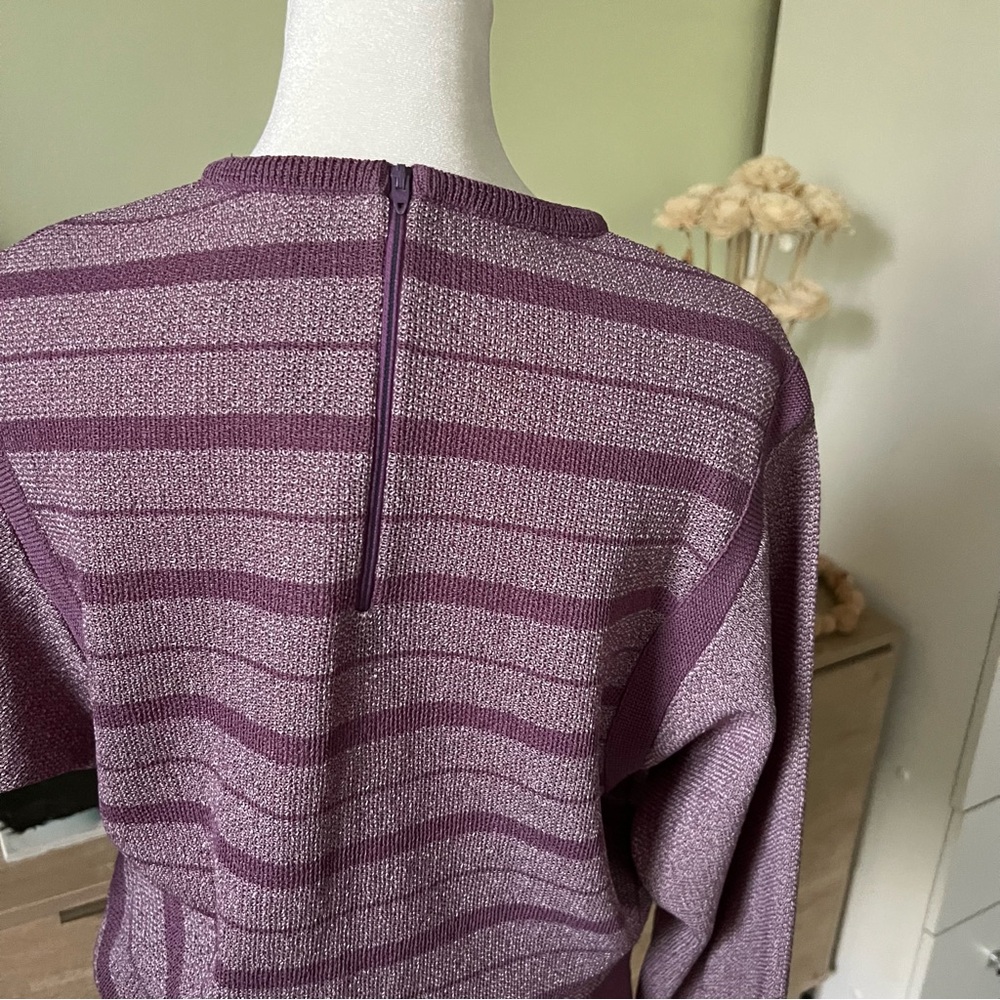 Vintage Pastel Purple Balloon Sleeve Striped Relaxed Fit Knit Modest Sweater M - Picture 7 of 16